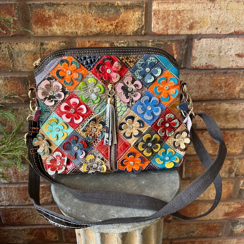 Multi Color Patchwork Leather Floral Crossbody Bag Snakeskin Embossed Rainbow